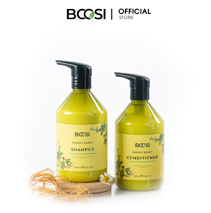 Combo gội - xả năng lượng cân bằng da đầu và ngăn ngừa tóc gãy rụng Bcosi 500ml - TẶNG sữa tắm Bcosi 3