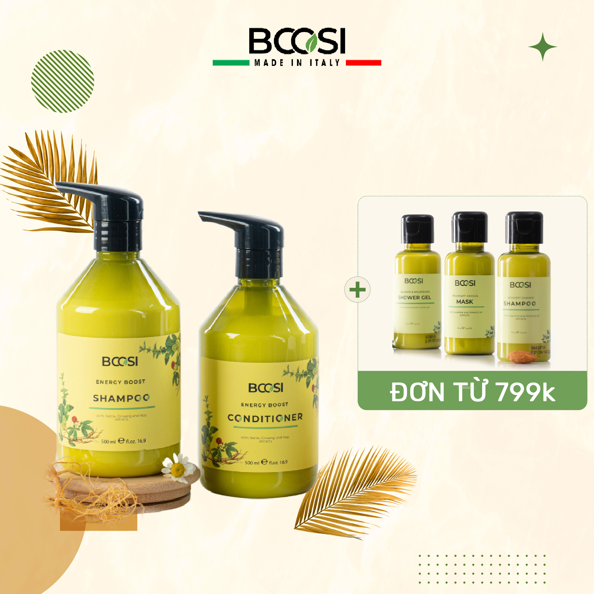 Combo gội - xả năng lượng cân bằng da đầu và ngăn ngừa tóc gãy rụng Bcosi 500ml - TẶNG sữa tắm Bcosi